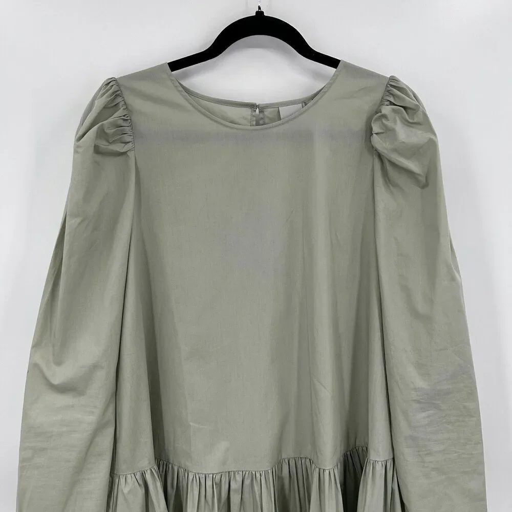 ICHI Pale Sage Green Crepe Puff Sleeve Oversized Pleated Short Dress Size Small